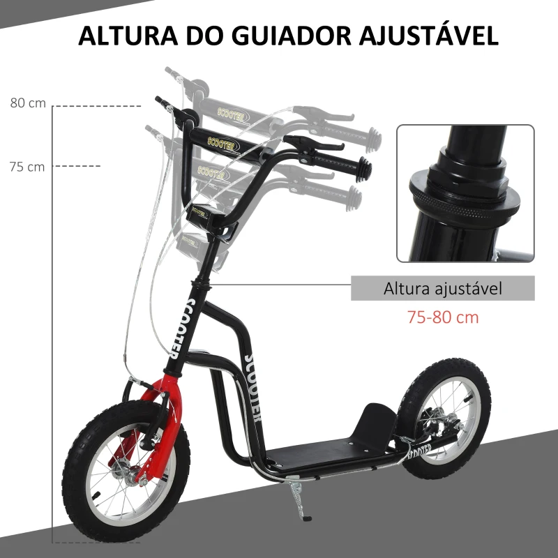 HOMCOM Trotinete para Crianças com Guiador Ajustável em Altura Travão Duplo e Estrutura de Aço 120x58x75-80 cm Preto