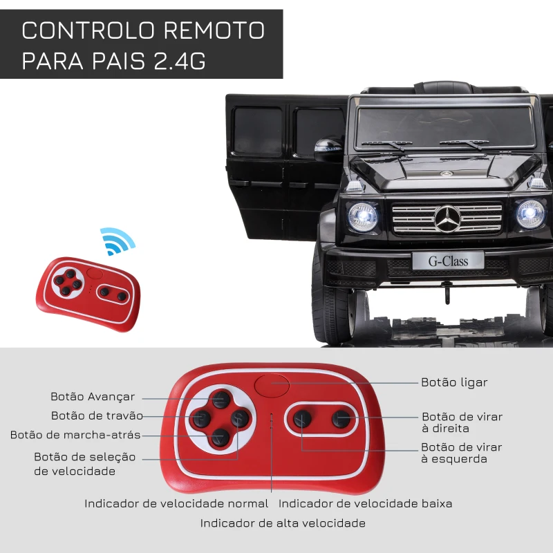 HOMCOM Carro Elétrico BENZ G500 Todo-o-Terreno com Bateria 12V Veículo Elétrico com Música Buzina Velocidade 3-5 km/h Preto