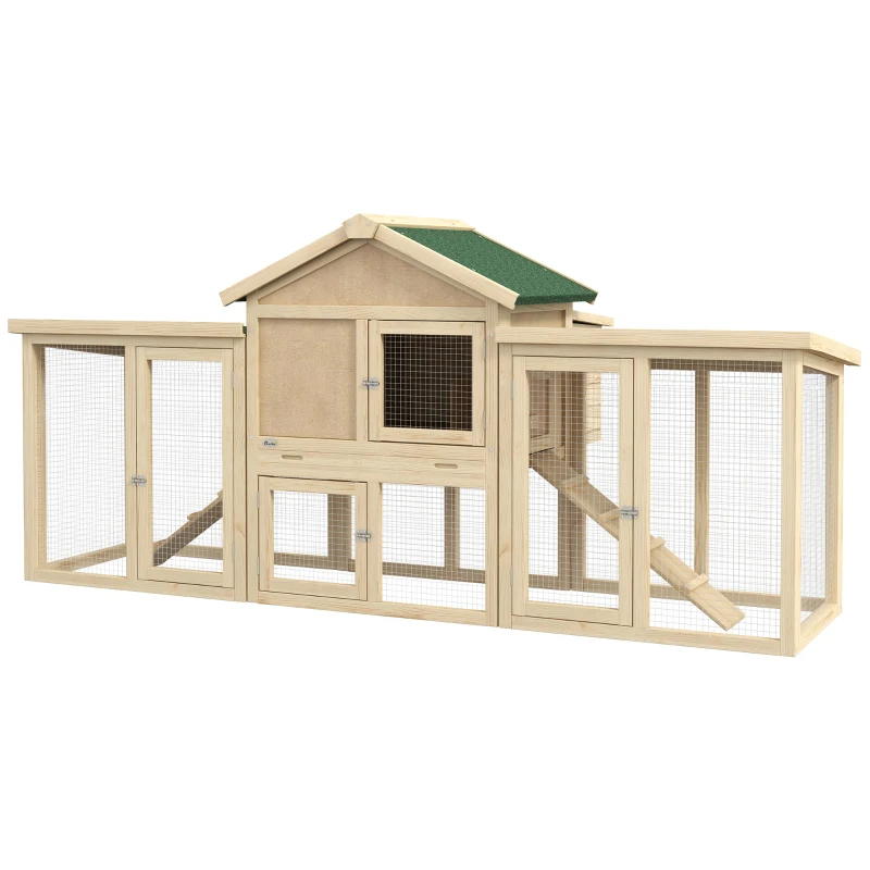 PawHut Galinheiro de Madeira 204x85x93 cm Jaula para 2-4 Galinhas com Ninho Bandeja Extraível Telhado de Asfalto e Rampa Natural