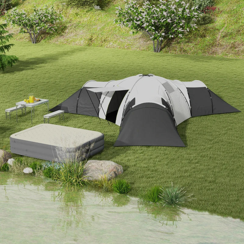 Outsunny Campingzelt für 6-9 Personen, 4 Räume, Vorzelt, wasserdicht, 615x 615x225cm, Grau(m-9)