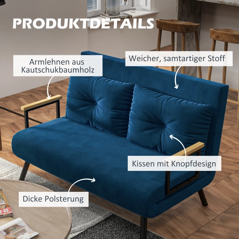 HOMCOM Schlafsofa 2er-Sofa Samtsofa, Schlaffunktion, inkl. 2 Kissen, Samtoptik, Natur + Blau(m-6)