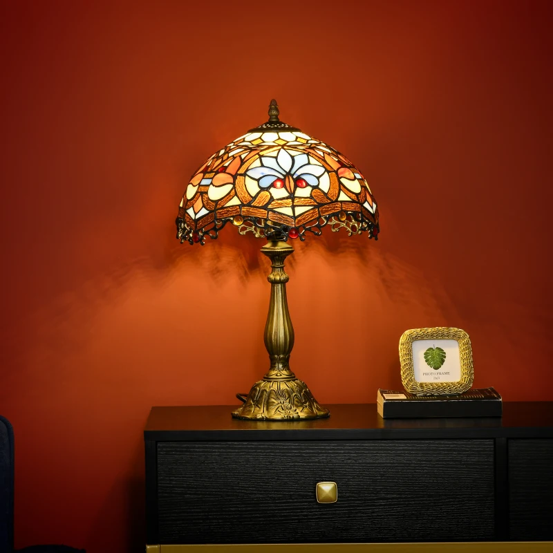 HOMCOM Stained Glass Table Lamp, Handcrafted Artisan Collectible, Suitable for Living Room and Bedside, Multi-Coloured, Ф31 x 48Hcm, Zinc Alloy.