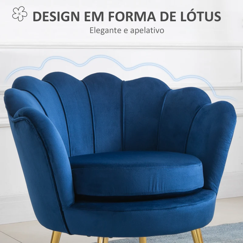 HOMCOM Poltrona Estofada em Veludo Poltrona para Quarto com Encosto em Forma de Concha e Pernas Douradas 76x67x74 cm Azul