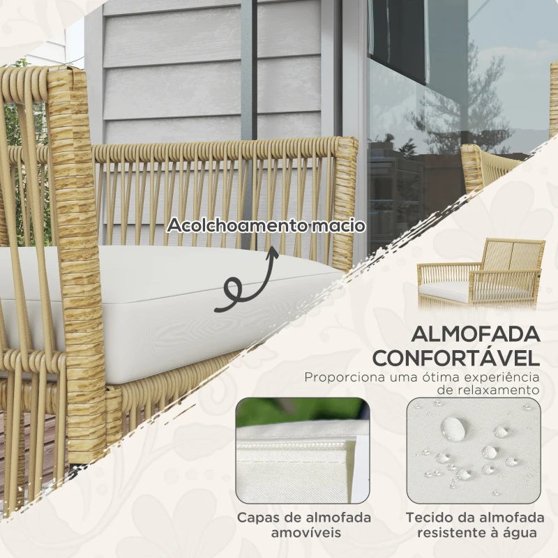 Outsunny Conjunto de Móveis de Jardim de Vime de 4 Peças de Varanda com 1 Sofá de 2 Lugares 2 Poltronas e Mesa de Centro Bege