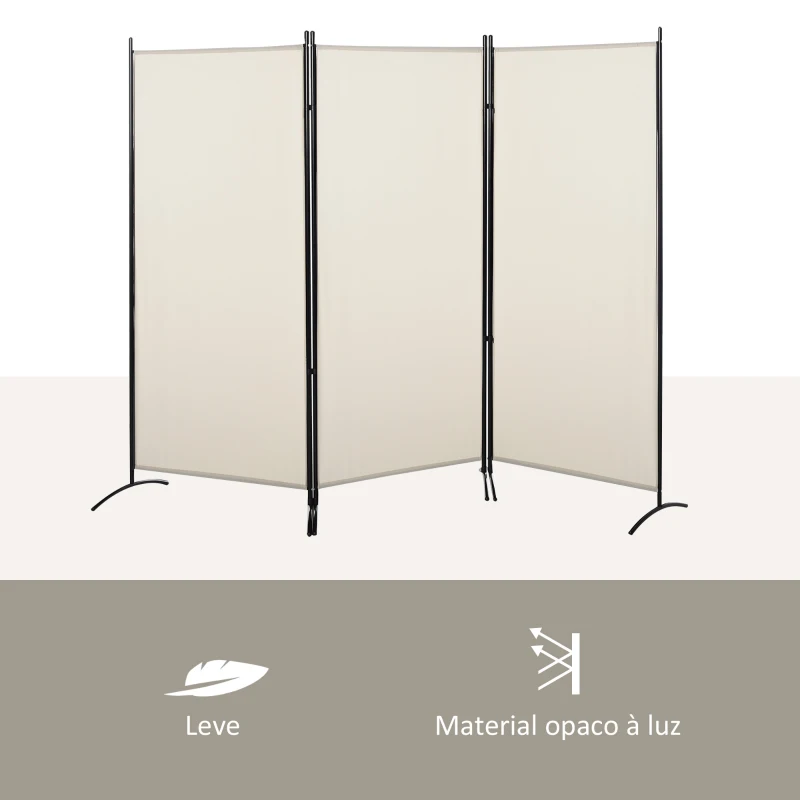 HOMCOM Biombo de 3 Paineis Separador de Ambientes Dobrável Biombo de Privacidade com 6 Pés de Metal 253x50x182 cm Bege