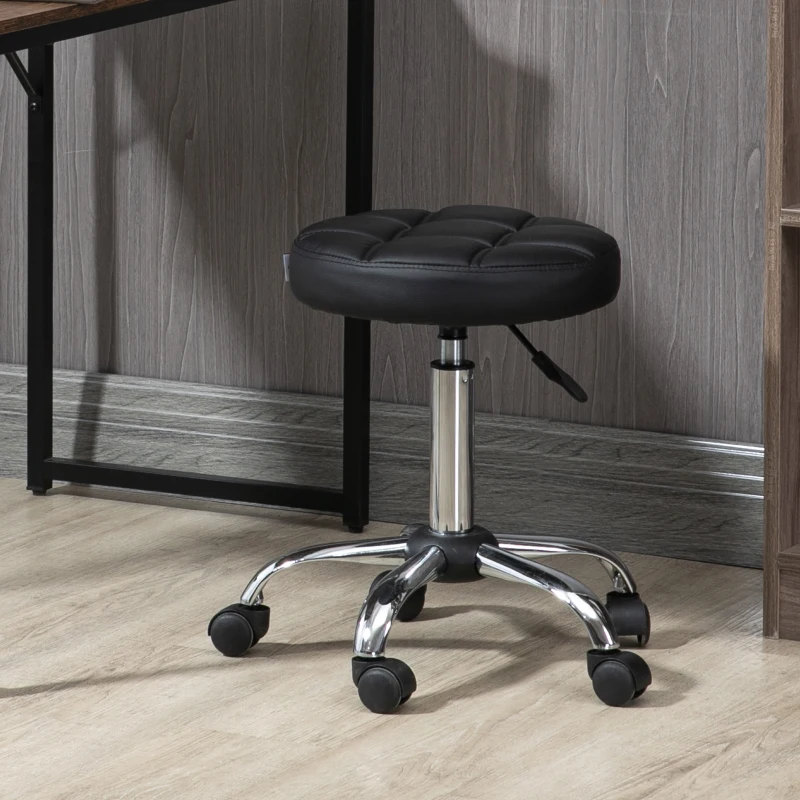 HOMCOM Scaun Rotativ cu Roti, Rotund, Scaun pentru Coafor și Estetician cu Înălțime Ajustabilă, Tapițat în Piele Ecologică, Ø35.5x51-67 cm, Negru