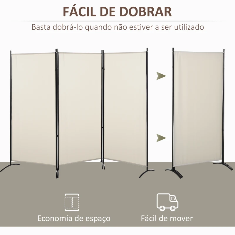 HOMCOM Biombo de 3 Paineis Separador de Ambientes Dobrável Biombo de Privacidade com 6 Pés de Metal 253x50x182 cm Bege