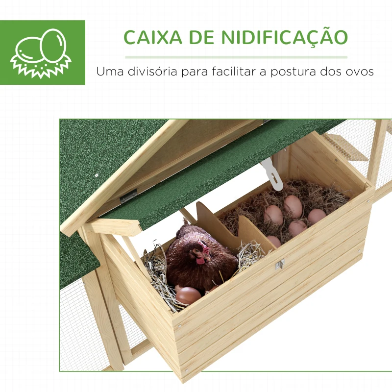 PawHut Galinheiro de Madeira 204x85x93 cm Jaula para 2-4 Galinhas com Ninho Bandeja Extraível Telhado de Asfalto e Rampa Natural