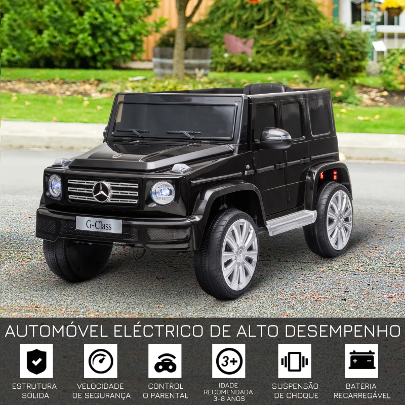 HOMCOM Carro Elétrico BENZ G500 Todo-o-Terreno com Bateria 12V Veículo Elétrico com Música Buzina Velocidade 3-5 km/h Preto