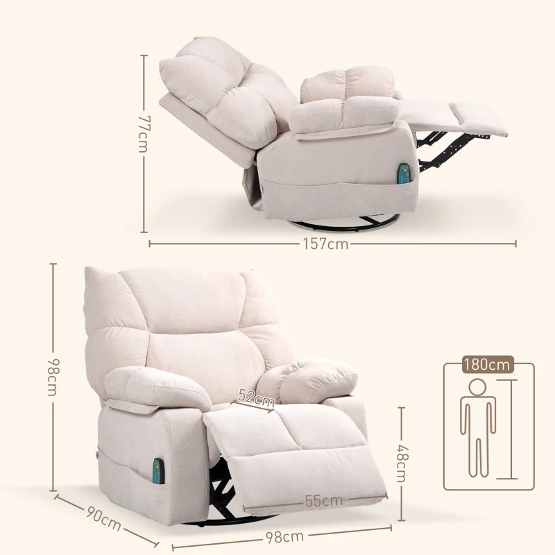 HOMCOM Massagestoel met Verwarmings- & Ligfunctie, Draaibaar, tot 150 kg, Metaal Frame, 98x90x98cm, Beige(m-3)