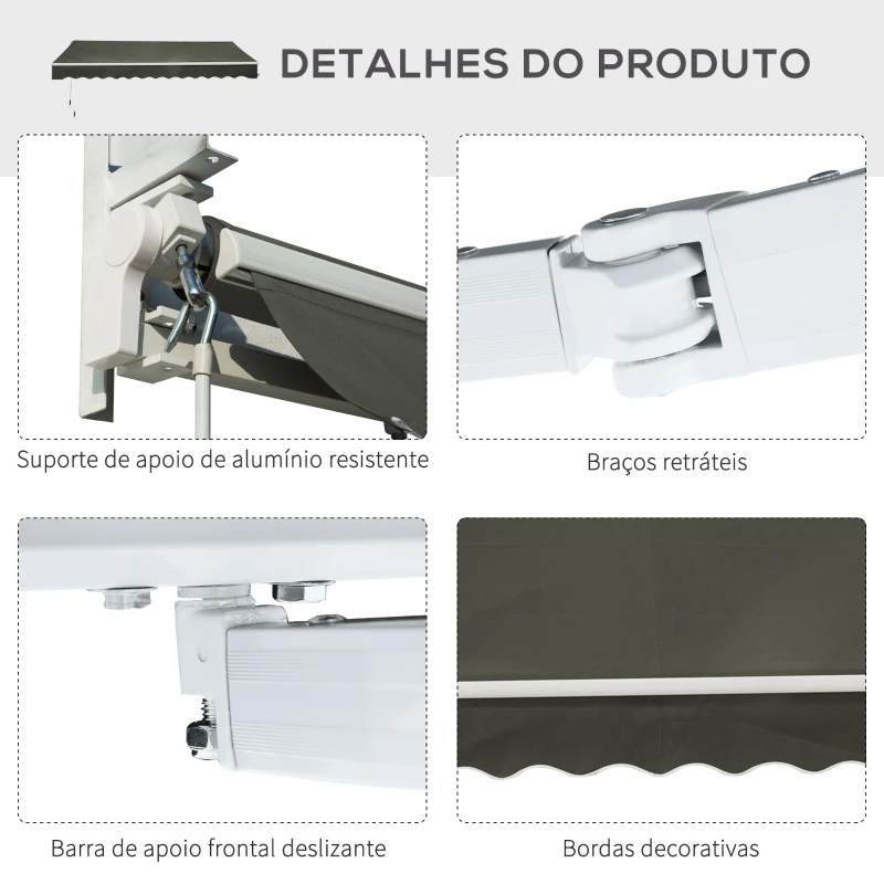 Outsunny Toldo Manual Retrátil 350x250 cm para Varanda com Manivela de Metal Impermeável e Anti-UV para Jardim Terraço Janelas Cinza
