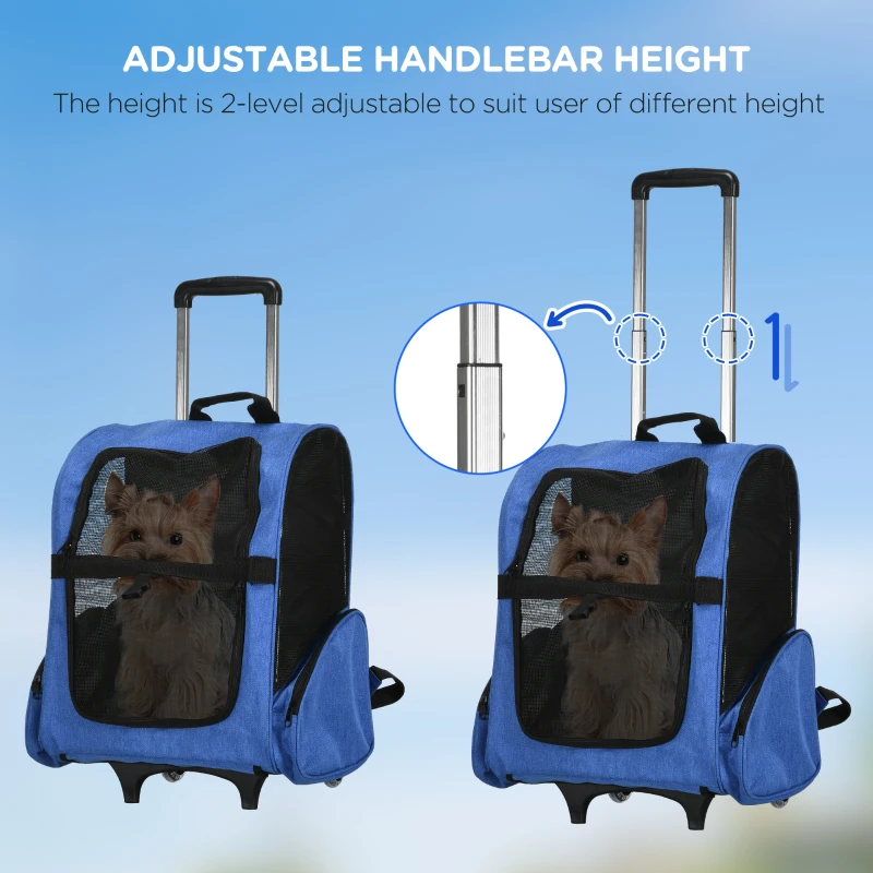 PawHut Rucsac 2-în-1 pentru Câini și Pisici cu Buzunare Laterale, Mâner Telescopic și Roti, 42x25x55 cm, Albastru