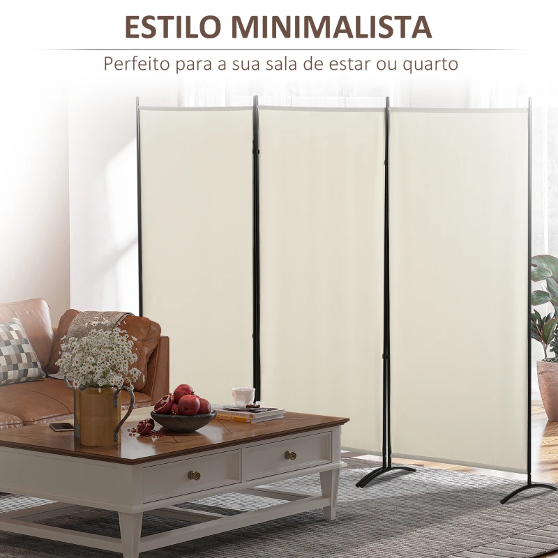 HOMCOM Biombo de 3 Paineis Separador de Ambientes Dobrável Biombo de Privacidade com 6 Pés de Metal 253x50x182 cm Bege