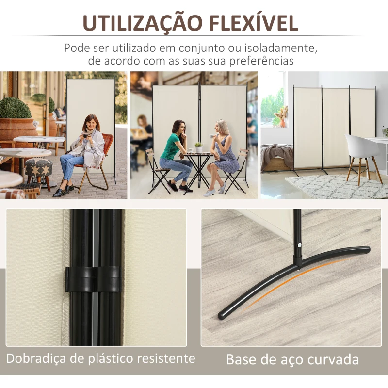 HOMCOM Biombo de 3 Paineis Separador de Ambientes Dobrável Biombo de Privacidade com 6 Pés de Metal 253x50x182 cm Bege