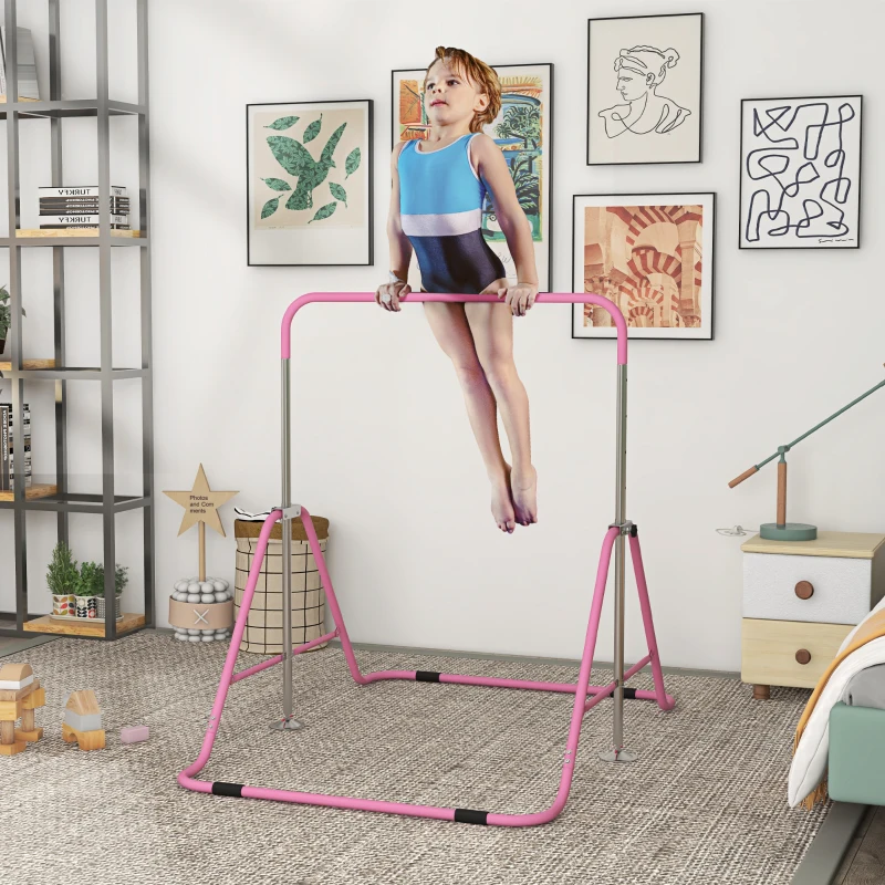 HOMCOM Bară de Tracțiuni Pliabilă pentru Copii, Bară de Gimnastică cu Înălțimi Reglabile și Structură din Oțel, 148x105x88-128 cm, Roz