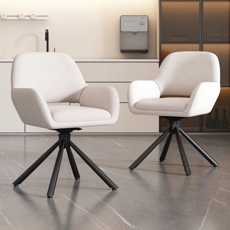Set de 2 scaune de dining moderne, tapițate în sherpa, cu cotiere și funcție rotativă, Alb