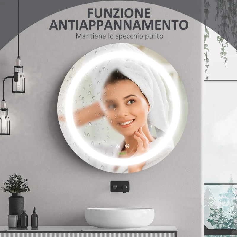 kleankin Specchio Bagno Rotondo con Luce LED Regolabile e Funzione Anti Appannamento, Ø50cm