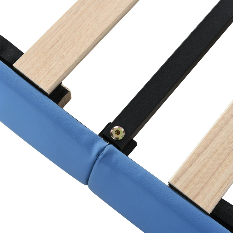 Lit Coffre Double avec Sommier à Lattes et Tête de Lit Réglable en Hauteur, en PU, 140x204,5x116-122 cm, Bleu