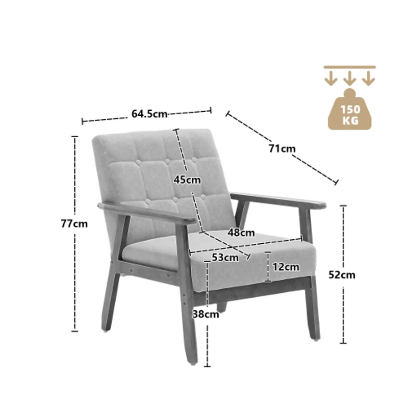 Fauteuil Relax Mid-Century Modern avec Accoudoirs et Pieds en Bois Massif pour Salon et Chambre à Coucher, Café