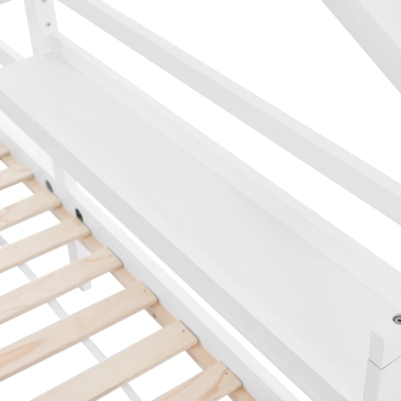 Lit pour Enfants en Forme de Maison avec Bibliothèque Intégrée de Style Nordique, en Bois de Pin, 206.5x97x138.5 cm, Blanc