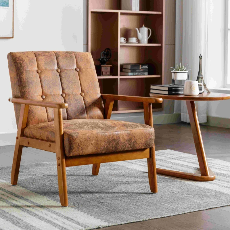 Fauteuil Relax Mid-Century Modern avec Accoudoirs et Pieds en Bois Massif pour Salon et Chambre à Coucher, Café