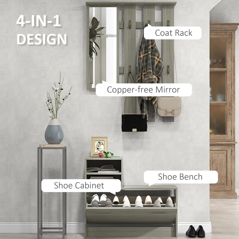 HOMCOM Set de Depozitare 4-în-1 pentru Hol, Cuier de Perete cu Oglindă, Bancă pentru Încălțăminte, 85x15x110 cm, Gri(m-4)