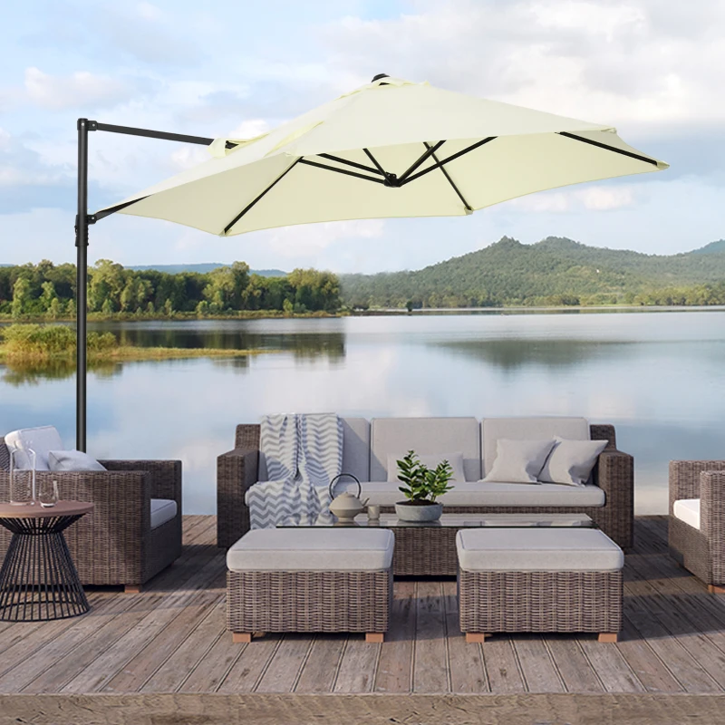 Outsunny Chapéu de Sol de Jardim Chapéu de Sol Excêntrico Rotação 360° com Abertura Manual e Base Cruzada Ø256x245cm Bege