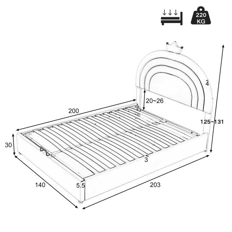 Lit Coffre Double avec Système Hydraulique, Sommier à Lattes et Tête de Lit Réglable en Hauteur, en Bois, 140x203x125-131 cm, Violet