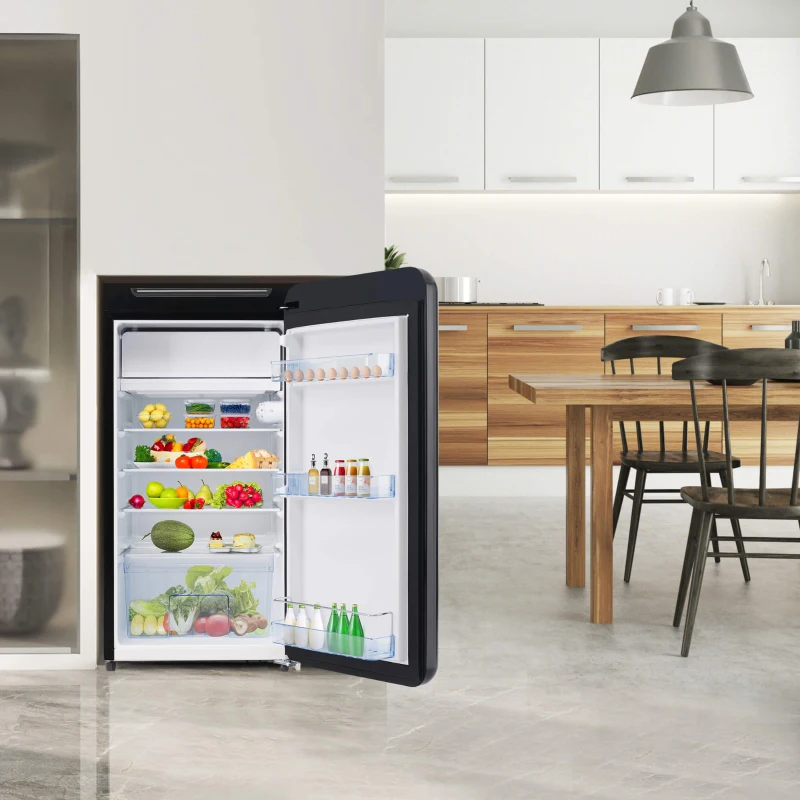 Réfrigérateur Portable à Une Porte avec Mini Congélateur, Capacité Totale de 91 Litres, Consommation Annuelle de 85 kWh, Lumière LED, 48x51x87,5 cm, Noir