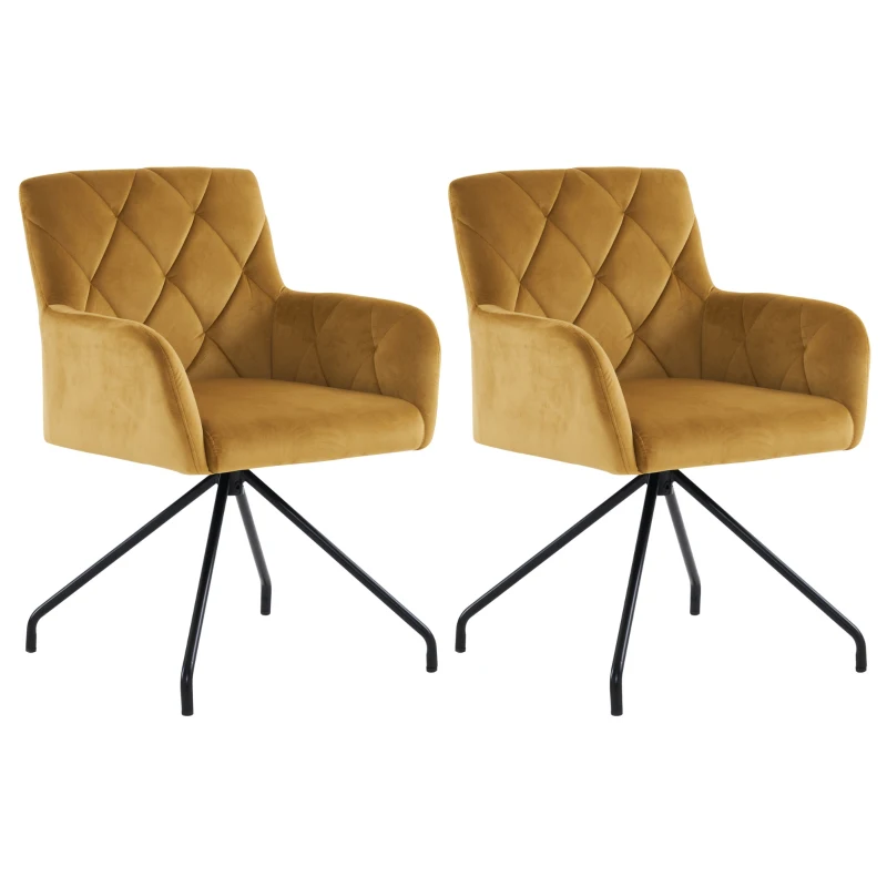 Ensemble de 2 chaises de salle à manger rembourrées en velours avec motif diamant, fauteuil moderne avec pieds en métal, 49x57x82 cm, Jaune