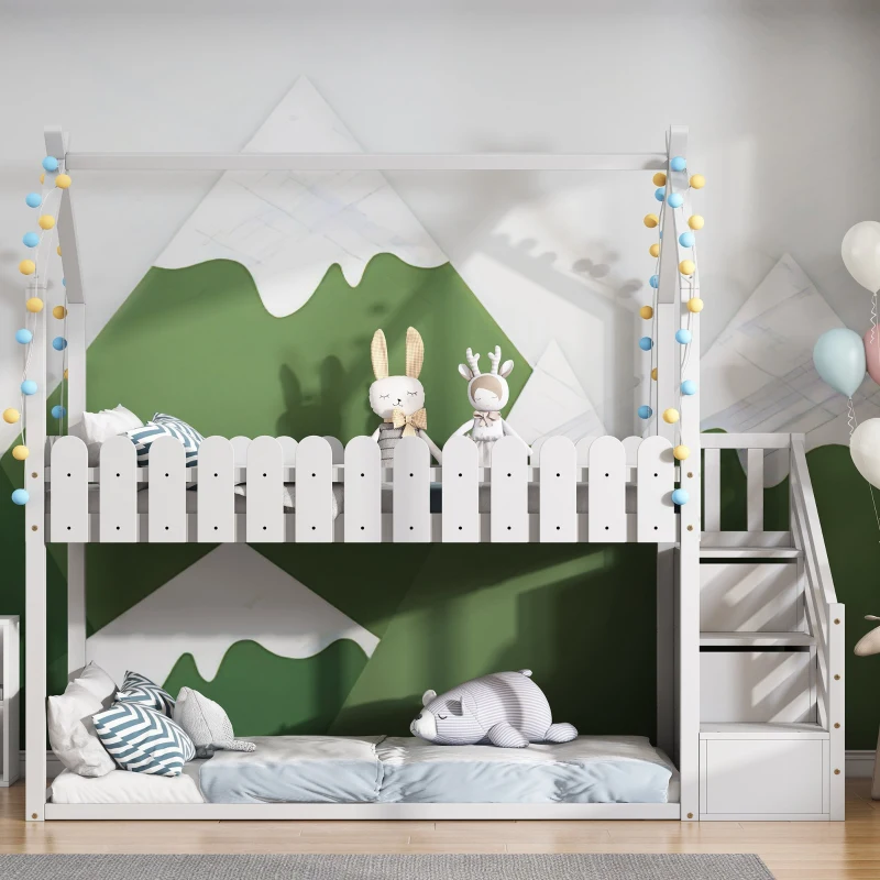 Lit superposé pour enfants en bois avec 3 marches et 2 tiroirs, décoration en clôture, 242,5x96,3x211,5 cm, Blanc