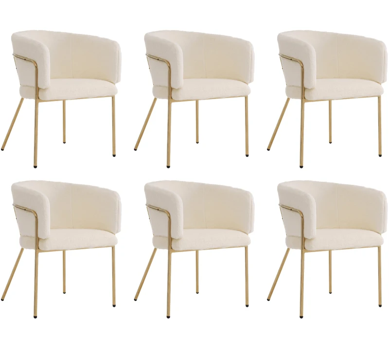 Ensemble de 6 Chaises de Salle à Manger Modernes au Style Élégant, Assise en Fausse Fourrure de Lapin, Structure en Métal, Adaptées pour Salon et Chambre, Beige