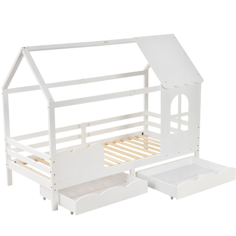 Lit pour Enfants Style Maison avec Protection Antichute, en Bois Massif de Pin, avec Fenêtres et Tiroirs, 203x96x160 cm, Blanc