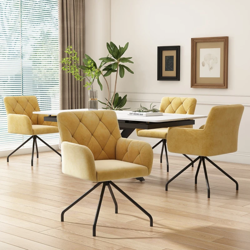 Ensemble de 2 chaises de salle à manger rembourrées en velours avec motif diamant, fauteuil moderne avec pieds en métal, 49x57x82 cm, Jaune