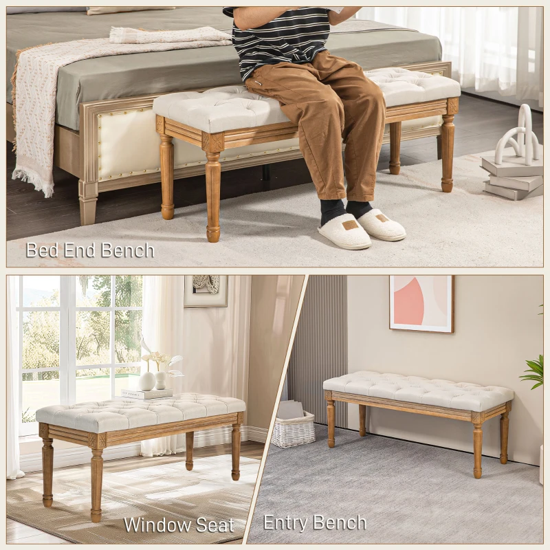 HOMCOM Bancă Tip Ottoman, Bancă Tapițată la Capătul Patului, 120x41x48 cm, Alb Crem