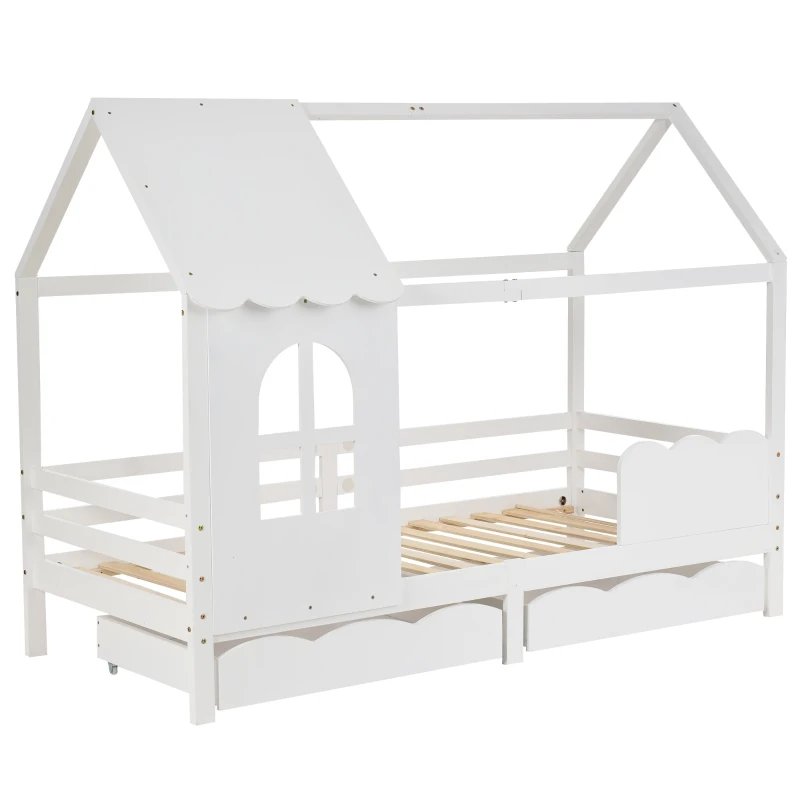Lit pour Enfants Style Maison avec Protection Antichute, en Bois Massif de Pin, avec Fenêtres et Tiroirs, 203x96x160 cm, Blanc