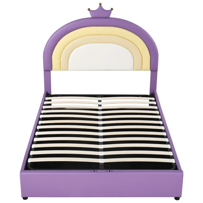 Lit Coffre Double avec Système Hydraulique, Sommier à Lattes et Tête de Lit Réglable en Hauteur, en Bois, 140x203x125-131 cm, Violet