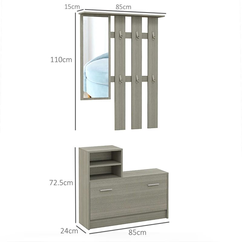 HOMCOM Set de Depozitare 4-în-1 pentru Hol, Cuier de Perete cu Oglindă, Bancă pentru Încălțăminte, 85x15x110 cm, Gri(m-3)