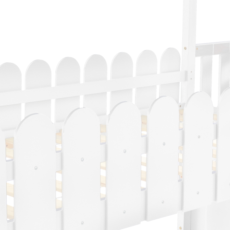 Lit superposé pour enfants en bois avec 3 marches et 2 tiroirs, décoration en clôture, 242,5x96,3x211,5 cm, Blanc