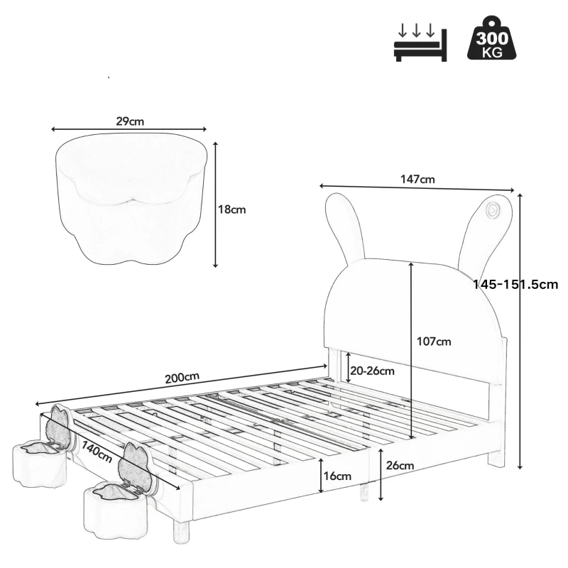 Lit Double avec Rangement en velours, Tête de Lit Rembourrée Réglable et Éclairage LED, 140x203,5x145-151,5 cm, Rose