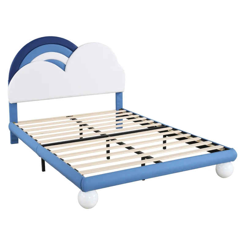 Lit Coffre Double avec Sommier à Lattes et Tête de Lit Réglable en Hauteur, en PU, 140x204,5x116-122 cm, Bleu