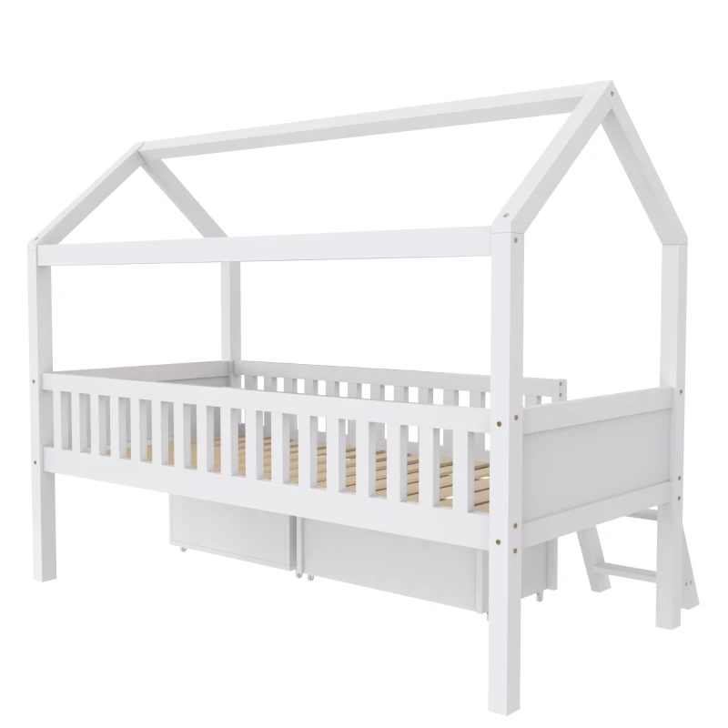 Lit Superposé pour Chambre d'Enfant avec Escaliers, Étagères et Garde-Corps, en Bois de Pin, avec Rangement, 205.5x99.5x161.5 cm, Blanc