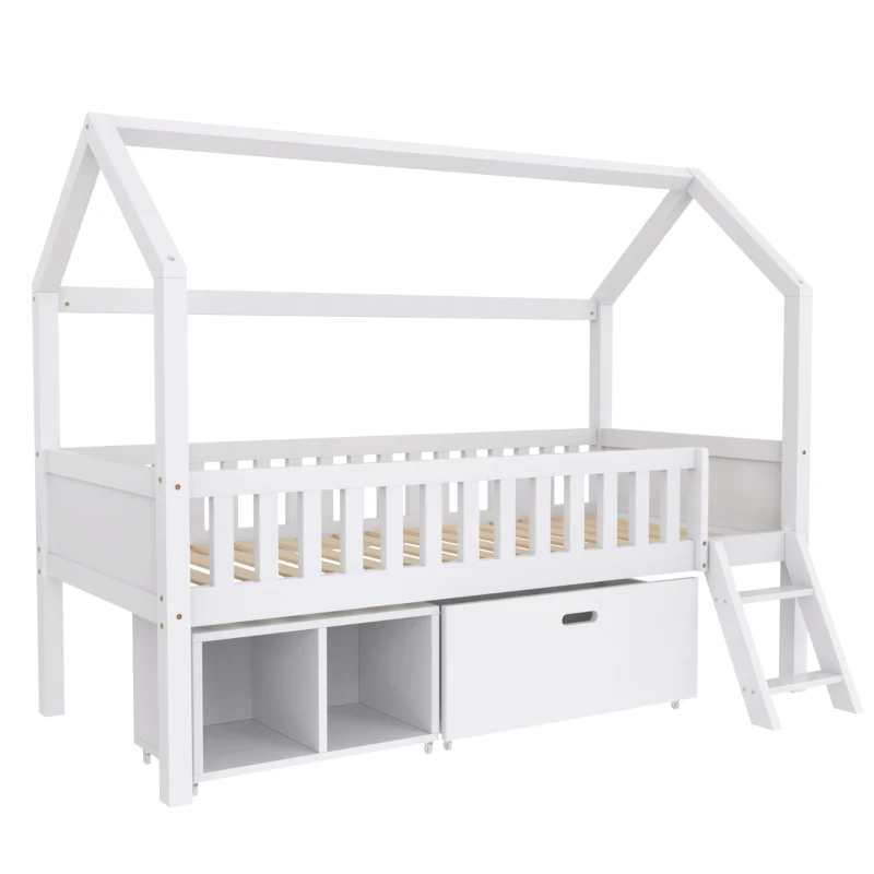 Lit Superposé pour Chambre d'Enfant avec Escaliers, Étagères et Garde-Corps, en Bois de Pin, avec Rangement, 205.5x99.5x161.5 cm, Blanc