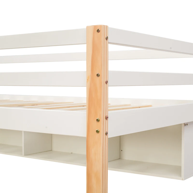 Lit Superposé pour Enfants en Bois avec Échelle de Rangement et Bureau Enfant avec Rangement Intégré, Blanc+Chêne