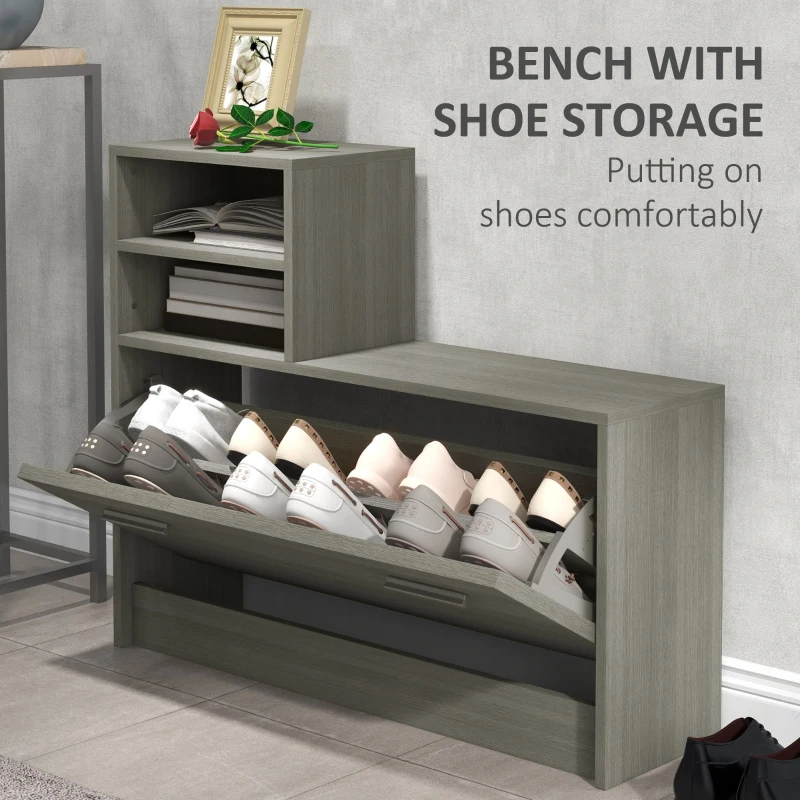 HOMCOM Set de Depozitare 4-în-1 pentru Hol, Cuier de Perete cu Oglindă, Bancă pentru Încălțăminte, 85x15x110 cm, Gri(m-6)