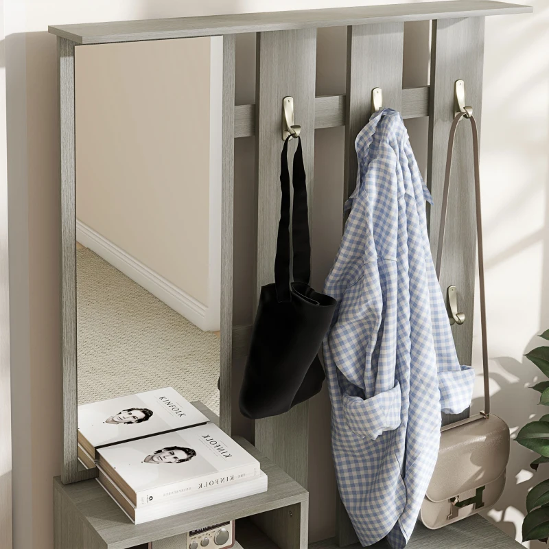 HOMCOM Set de Depozitare 4-în-1 pentru Hol, Cuier de Perete cu Oglindă, Bancă pentru Încălțăminte, 85x15x110 cm, Gri(m-9)