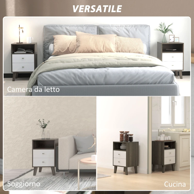 HOMCOM Set di 2 Comodini Moderni per Camera da Letto con 2 Cassetti e Vano Aperto, 40x34x64cm, Grigio