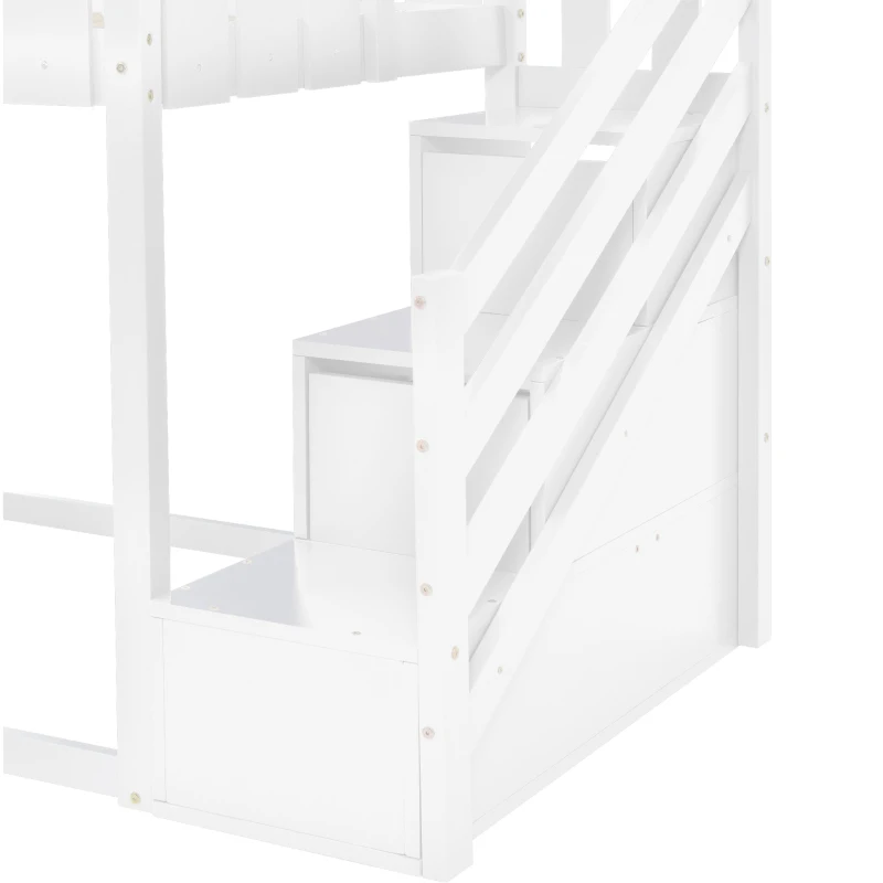Lit superposé pour enfants en bois avec 3 marches et 2 tiroirs, décoration en clôture, 242,5x96,3x211,5 cm, Blanc