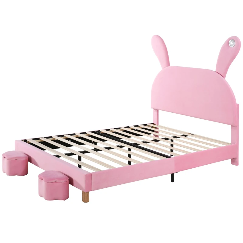 Lit Double avec Rangement en velours, Tête de Lit Rembourrée Réglable et Éclairage LED, 140x203,5x145-151,5 cm, Rose