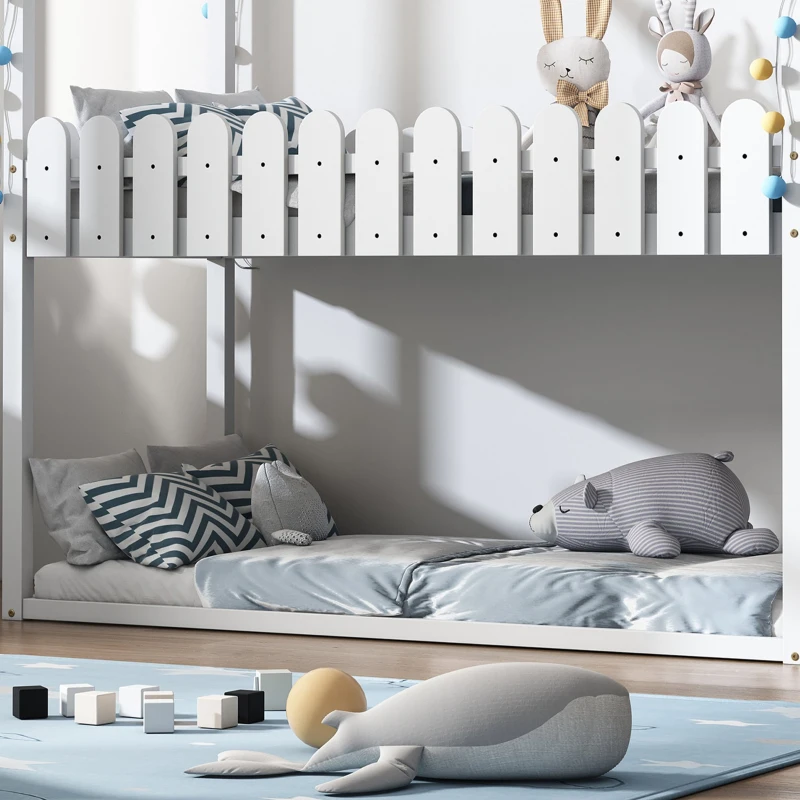 Lit superposé pour enfants en bois avec 3 marches et 2 tiroirs, décoration en clôture, 242,5x96,3x211,5 cm, Blanc